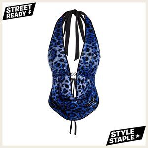 Cheetah Print Sequin Halter Corset Top Y2K Tie Back Open Back Crop Top